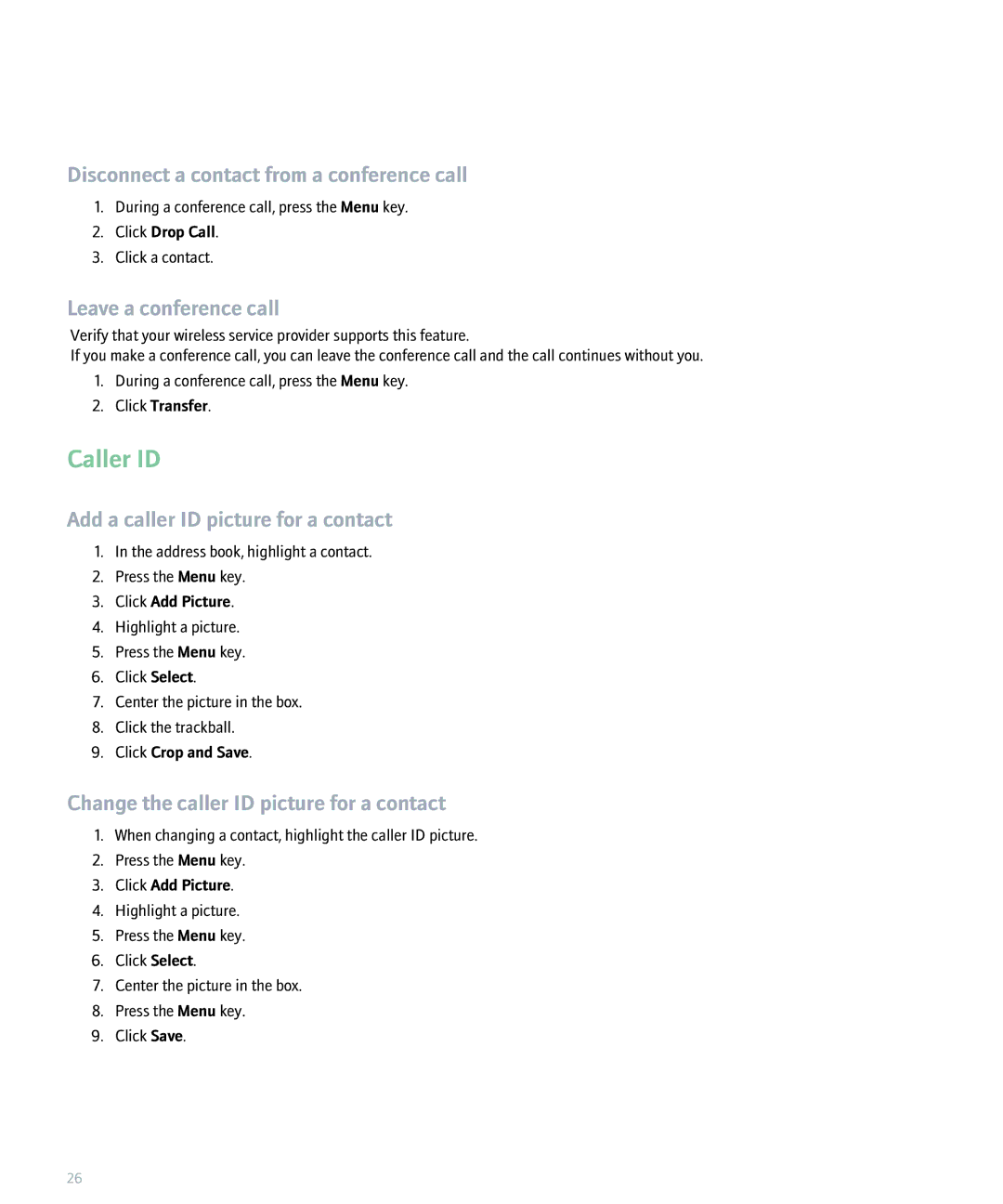 Blackberry 8300 manual Caller ID, Disconnect a contact from a conference call, Leave a conference call 