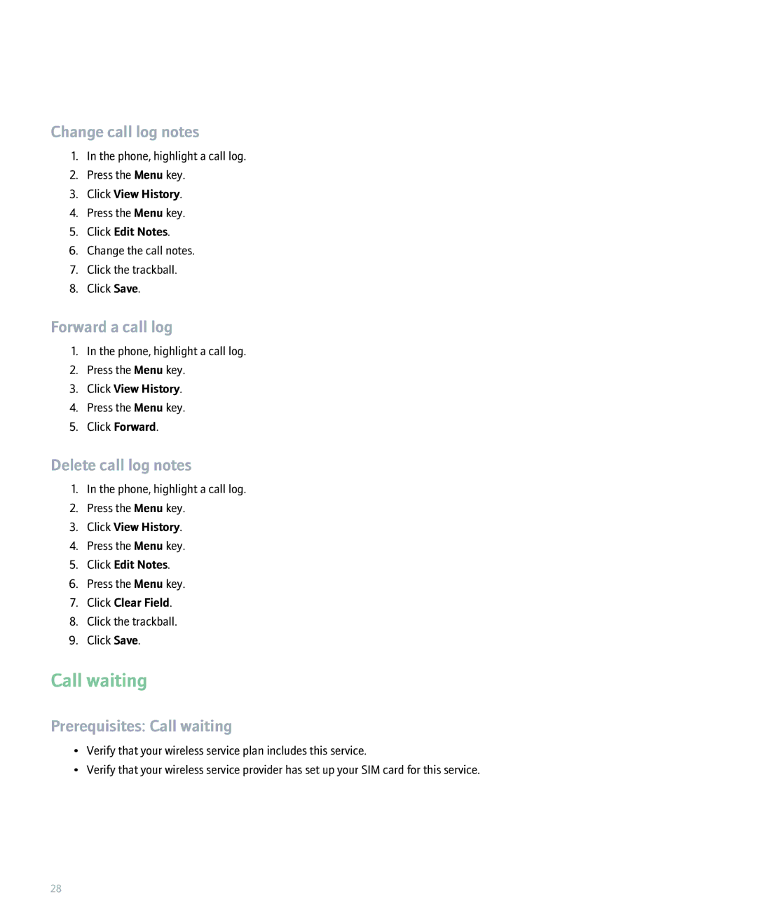 Blackberry 8300 manual Change call log notes, Forward a call log, Delete call log notes, Prerequisites Call waiting 