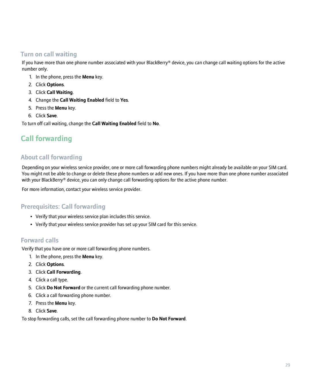 Blackberry 8300 manual Turn on call waiting, About call forwarding, Prerequisites Call forwarding, Forward calls 