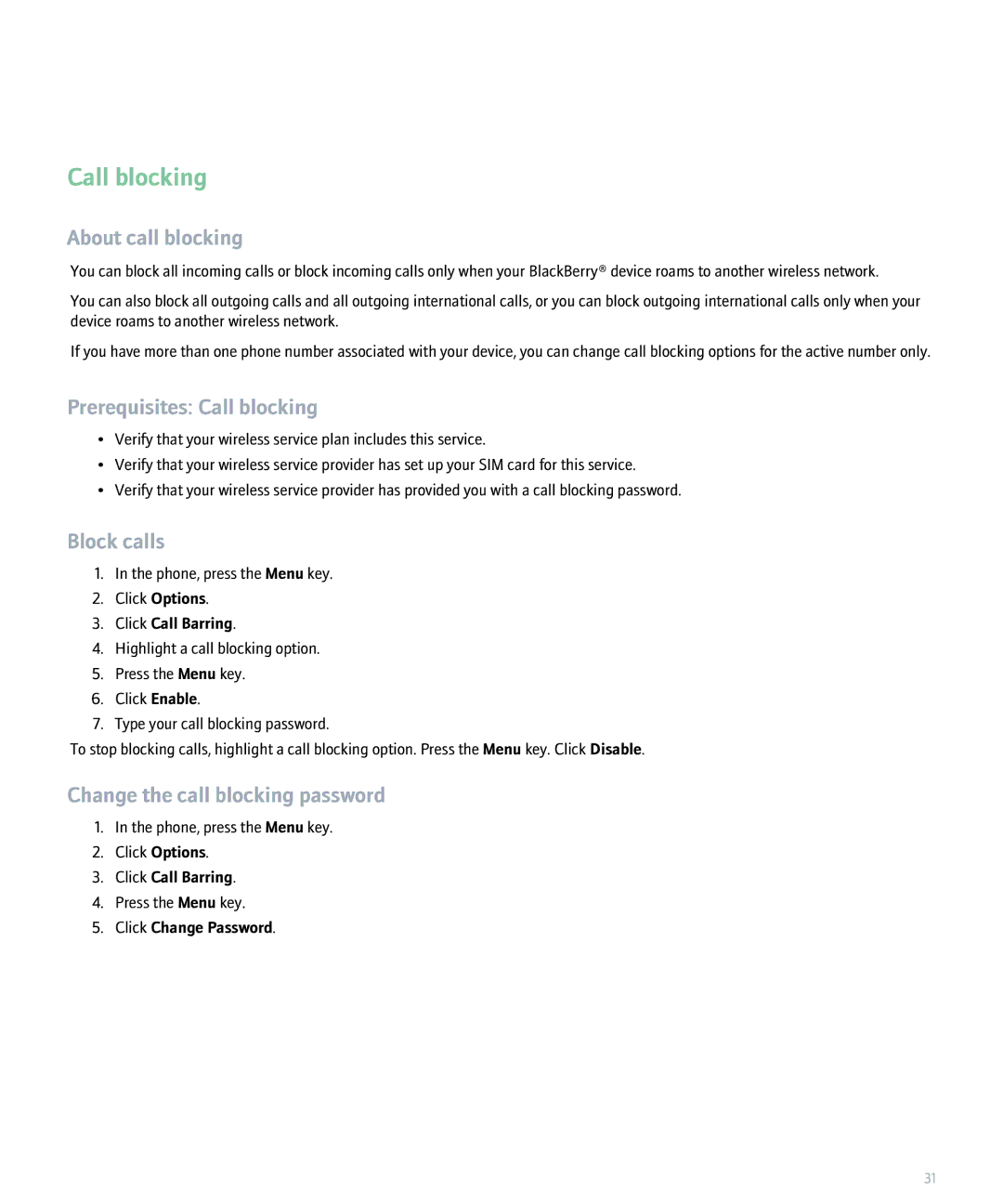 Blackberry 8300 manual About call blocking, Prerequisites Call blocking, Block calls, Change the call blocking password 