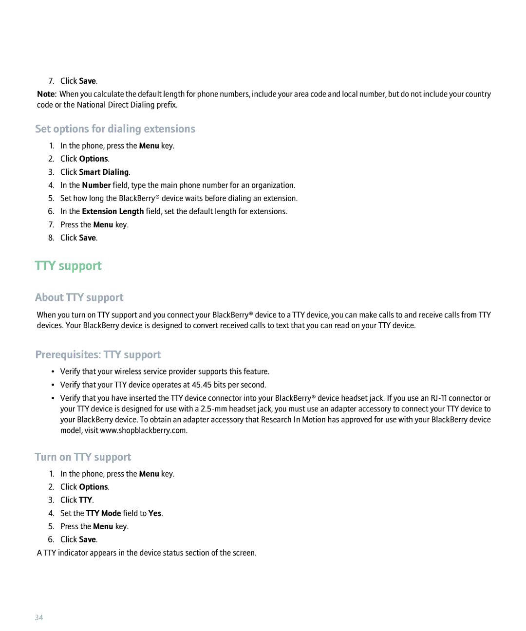 Blackberry 8300 Set options for dialing extensions, About TTY support, Prerequisites TTY support, Turn on TTY support 