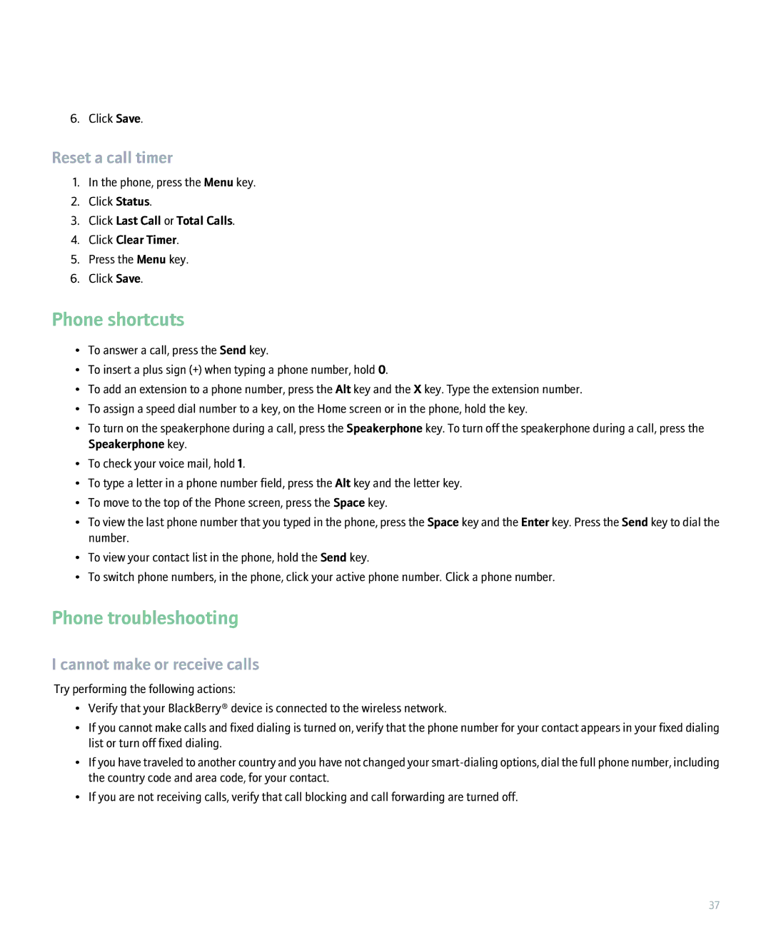 Blackberry 8300 manual Phone troubleshooting, Reset a call timer, Cannot make or receive calls 