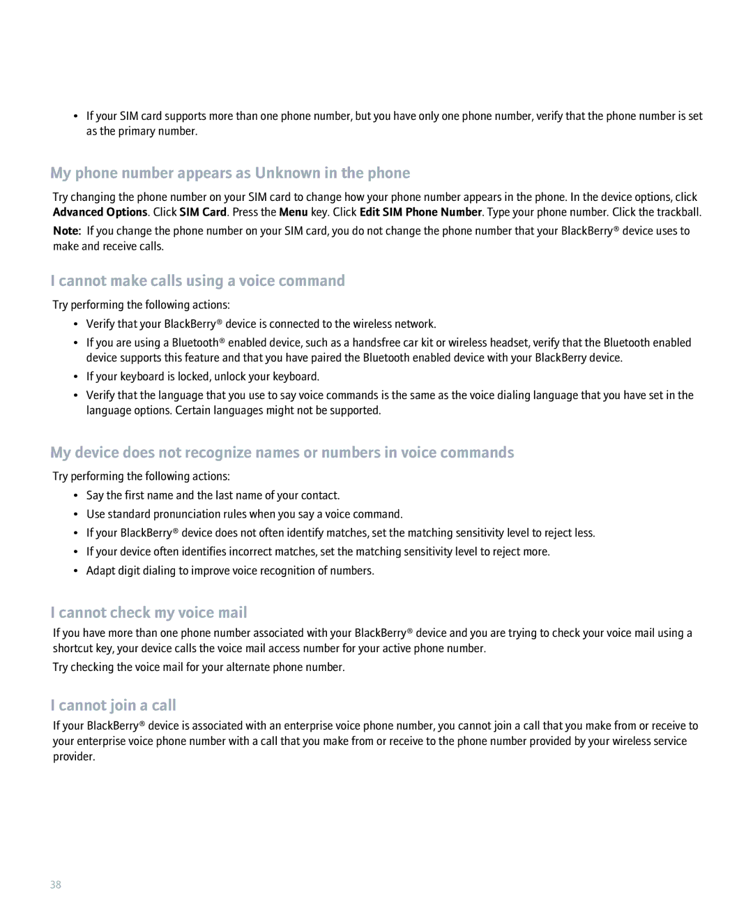 Blackberry 8300 manual My phone number appears as Unknown in the phone, Cannot make calls using a voice command 