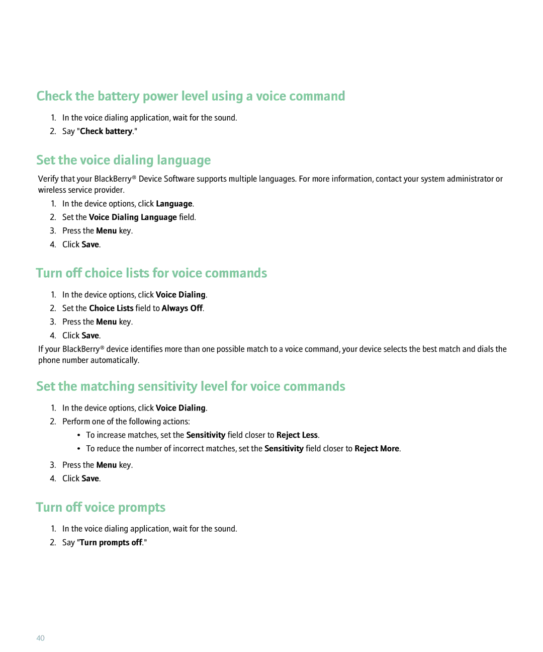 Blackberry 8300 manual Check the battery power level using a voice command, Set the voice dialing language 