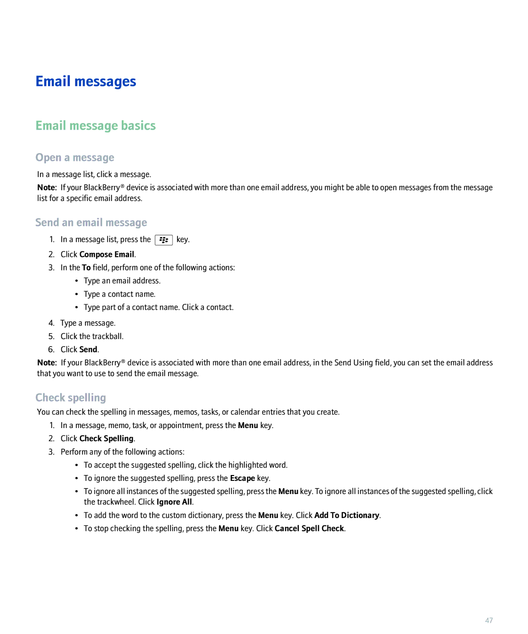 Blackberry 8300 manual Email messages, Email message basics, Open a message, Send an email message, Check spelling 