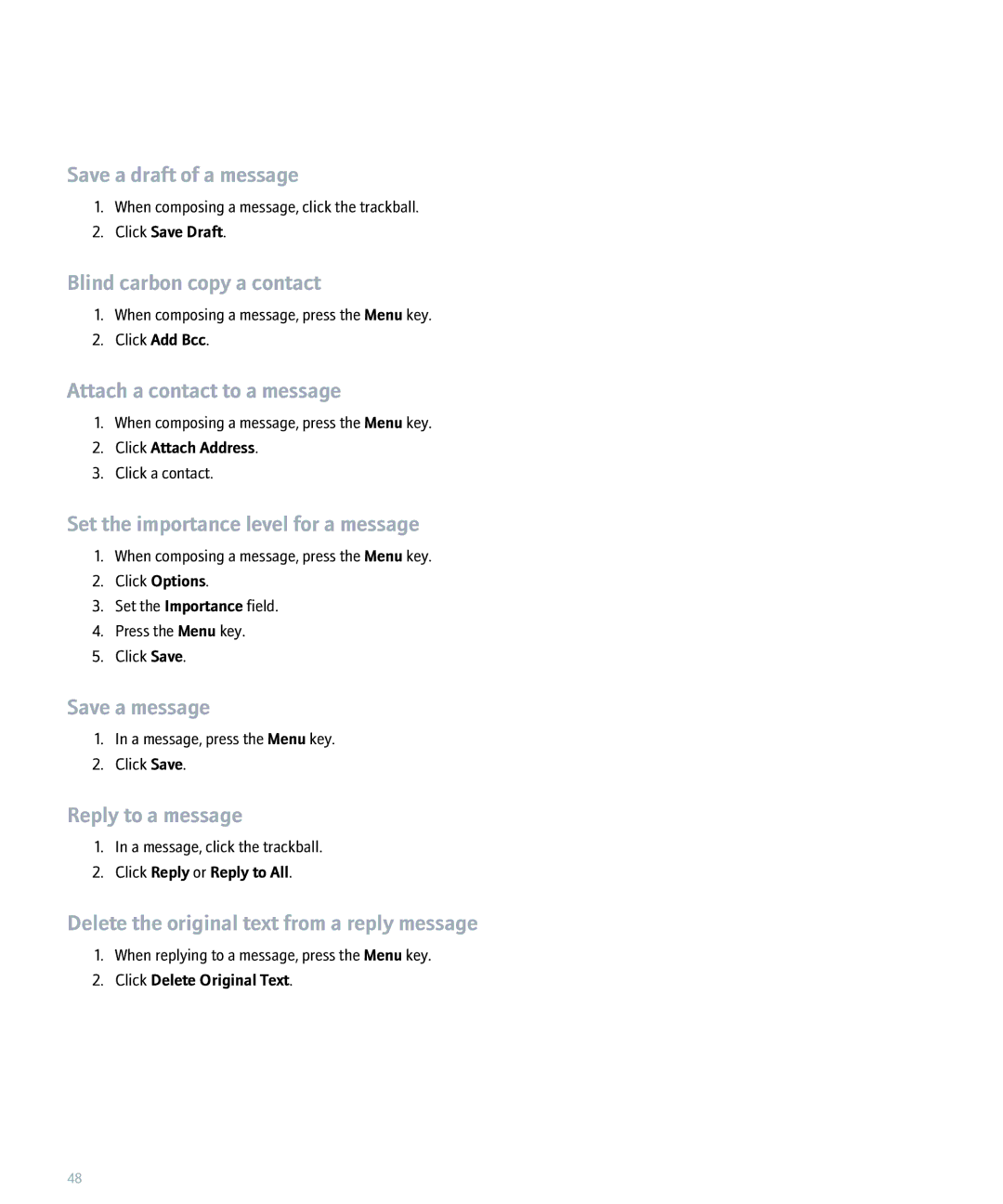 Blackberry 8300 Save a draft of a message, Blind carbon copy a contact, Attach a contact to a message, Save a message 
