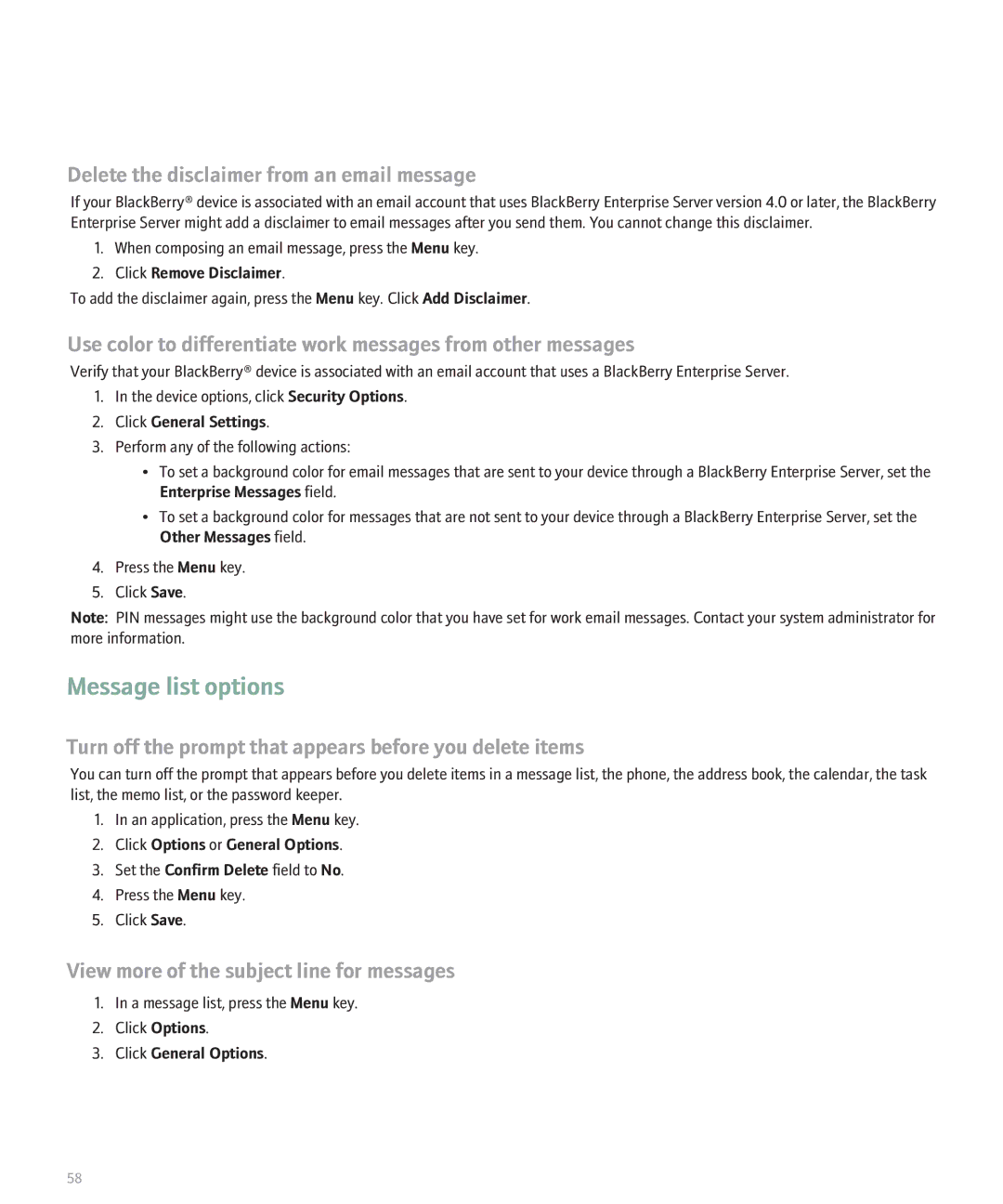 Blackberry 8300 manual Message list options, Delete the disclaimer from an email message, Click Remove Disclaimer 