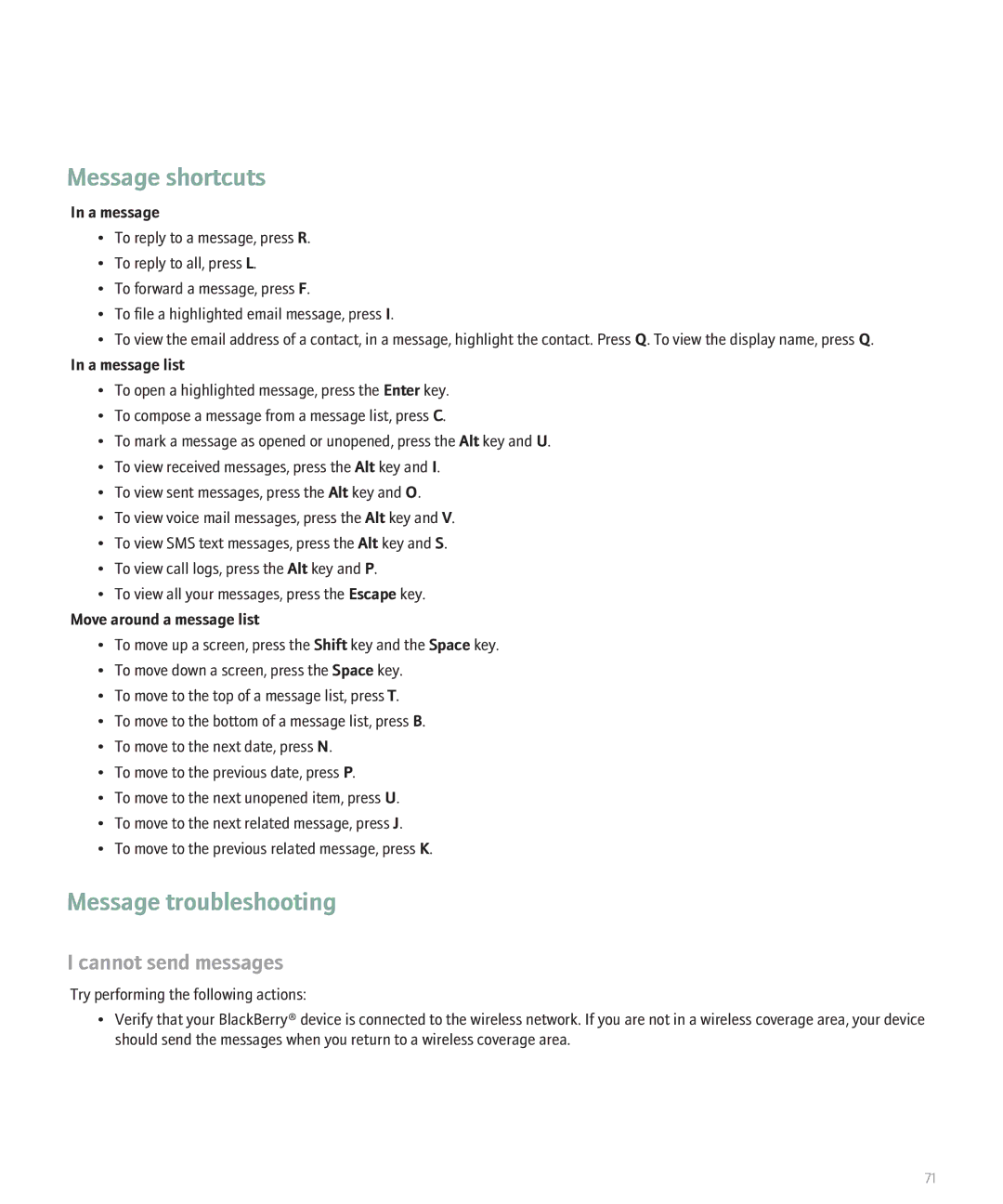 Blackberry 8300 manual Message shortcuts 