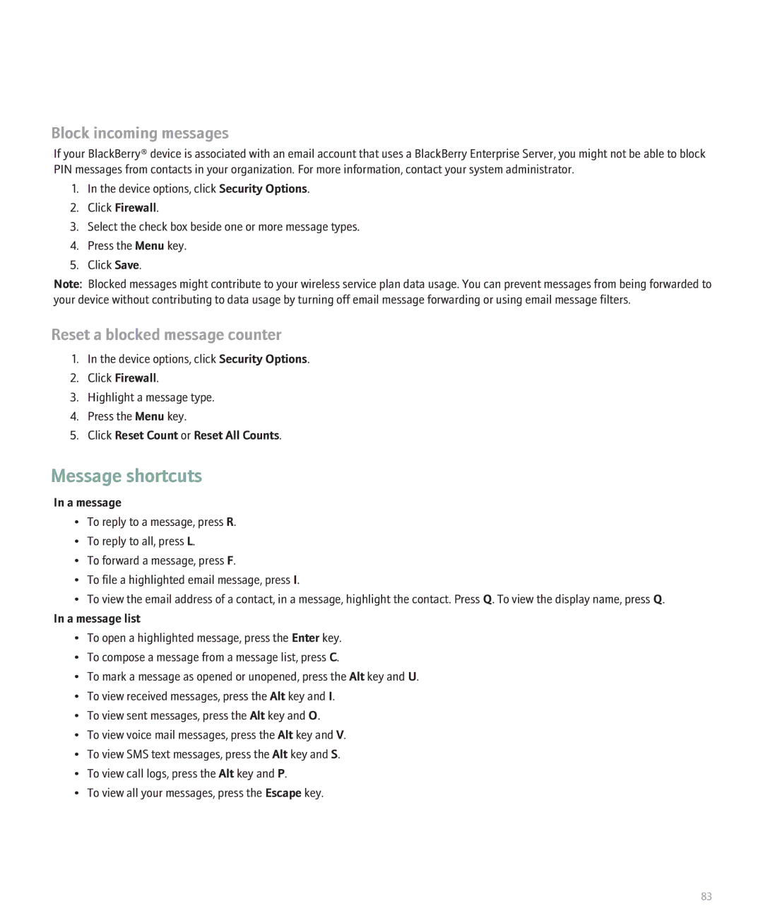 Blackberry 8300 manual Message shortcuts 