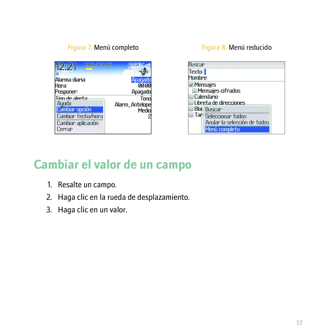 Blackberry 8300 manual Cambiar el valor de un campo, Figura 7. Menú completo 