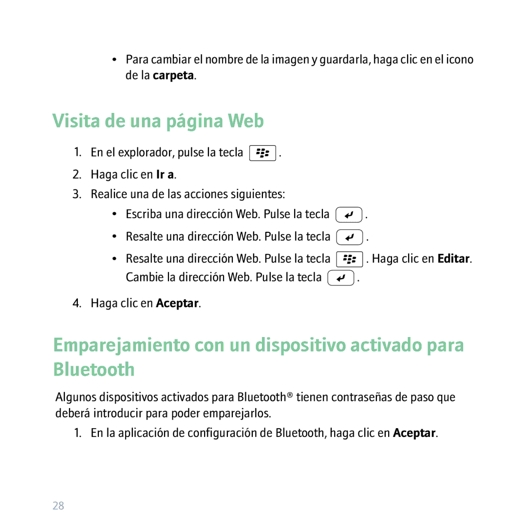 Blackberry 8300 manual Visita de una página Web, Emparejamiento con un dispositivo activado para Bluetooth 