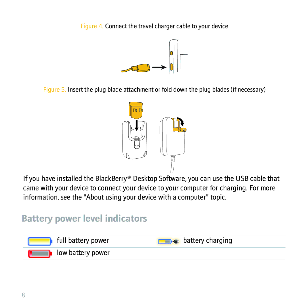 Blackberry 8310 manual Battery power level indicators, Connect the travel charger cable to your device 