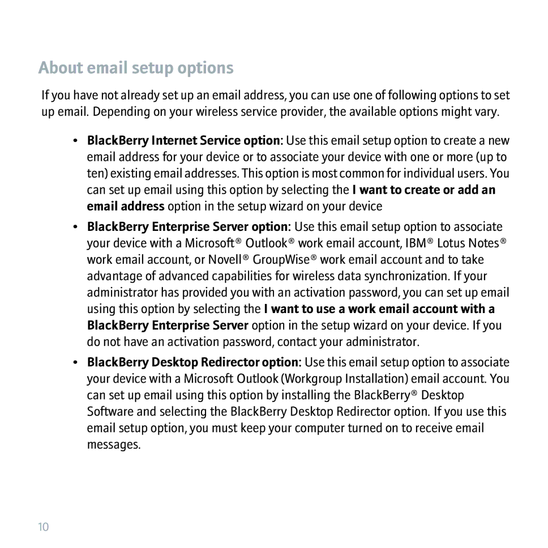 Blackberry 8310 manual About email setup options 