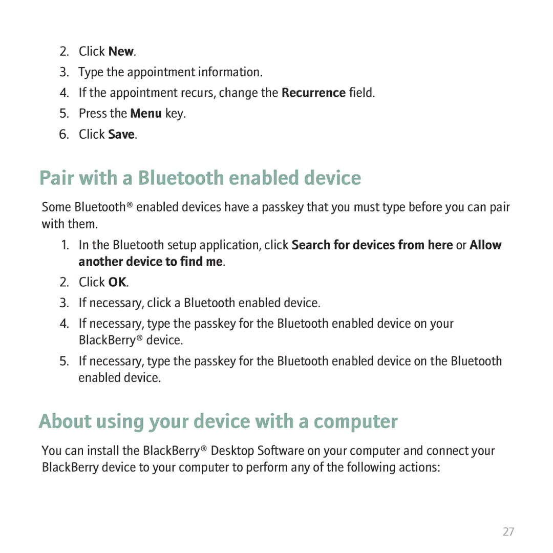 Blackberry 8310 manual Pair with a Bluetooth enabled device, About using your device with a computer 