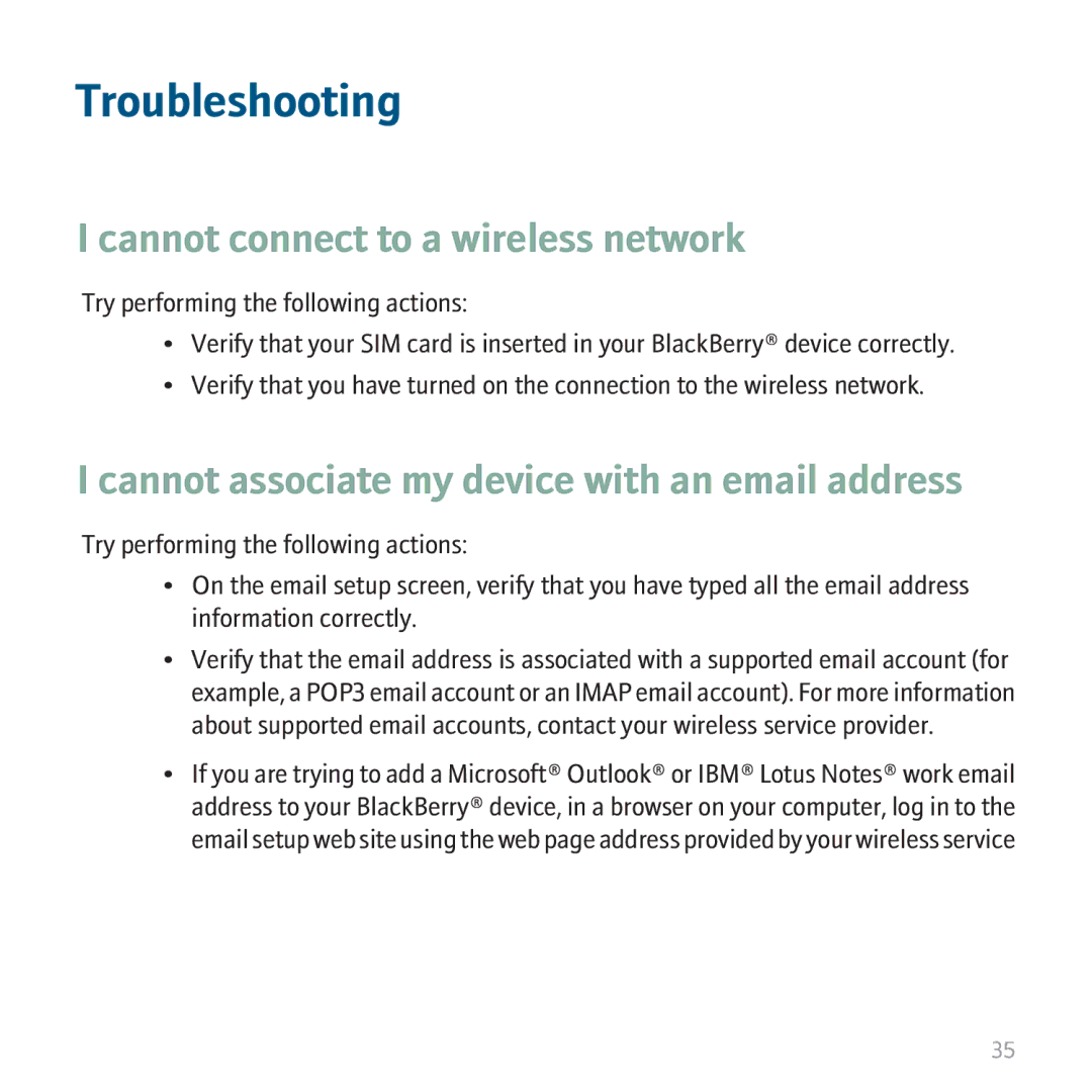 Blackberry 8310 Troubleshooting, Cannot connect to a wireless network, Cannot associate my device with an email address 