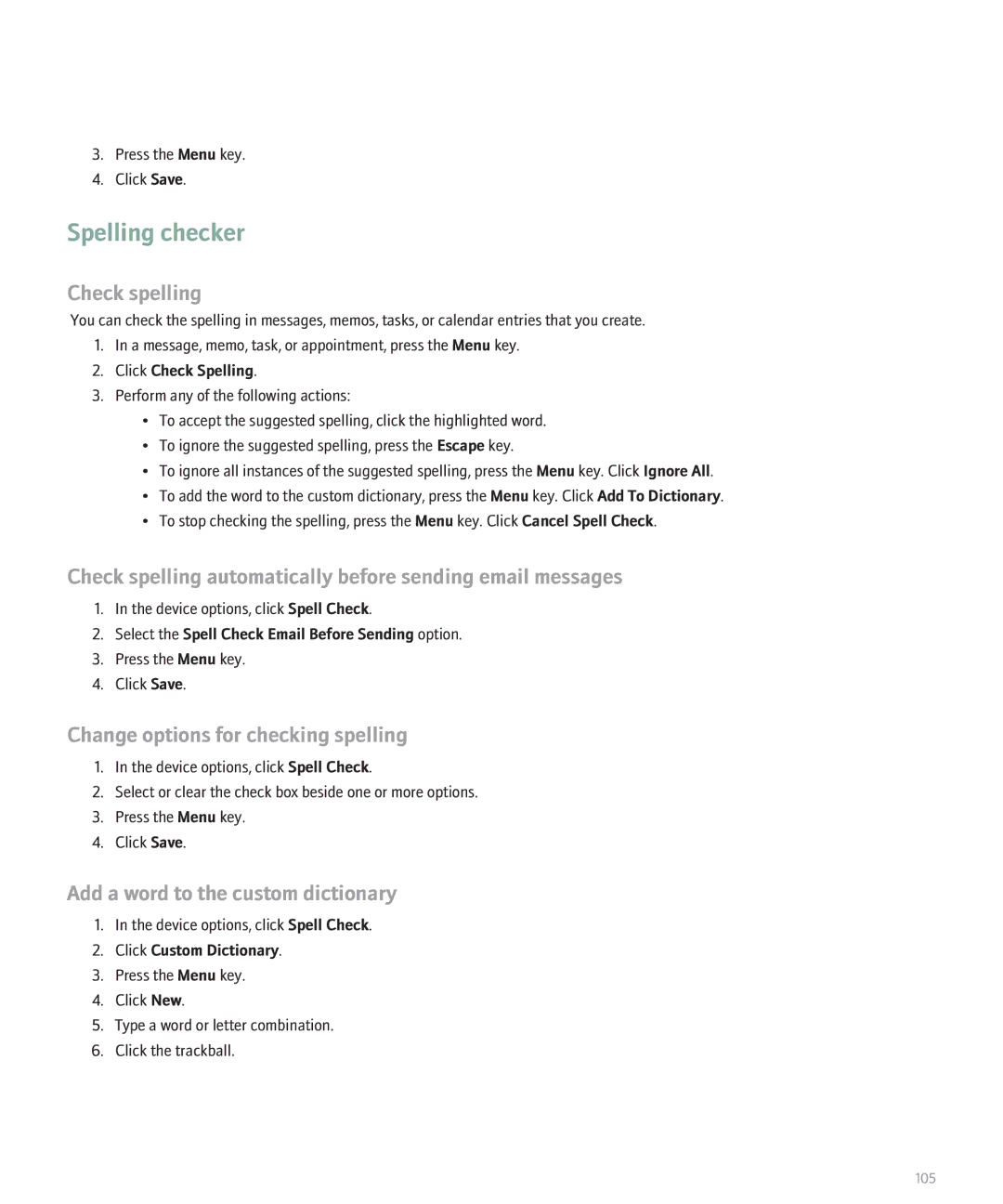 Blackberry 8320 manual Spelling checker, Change options for checking spelling, Add a word to the custom dictionary 