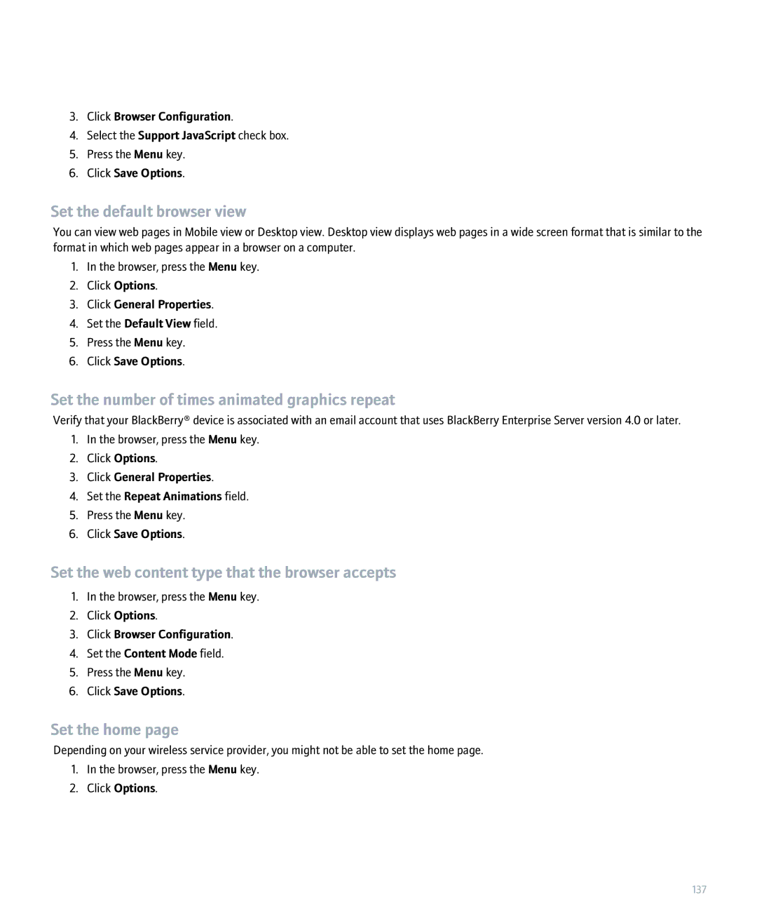 Blackberry 8320 manual Set the default browser view, Set the number of times animated graphics repeat, Set the home 