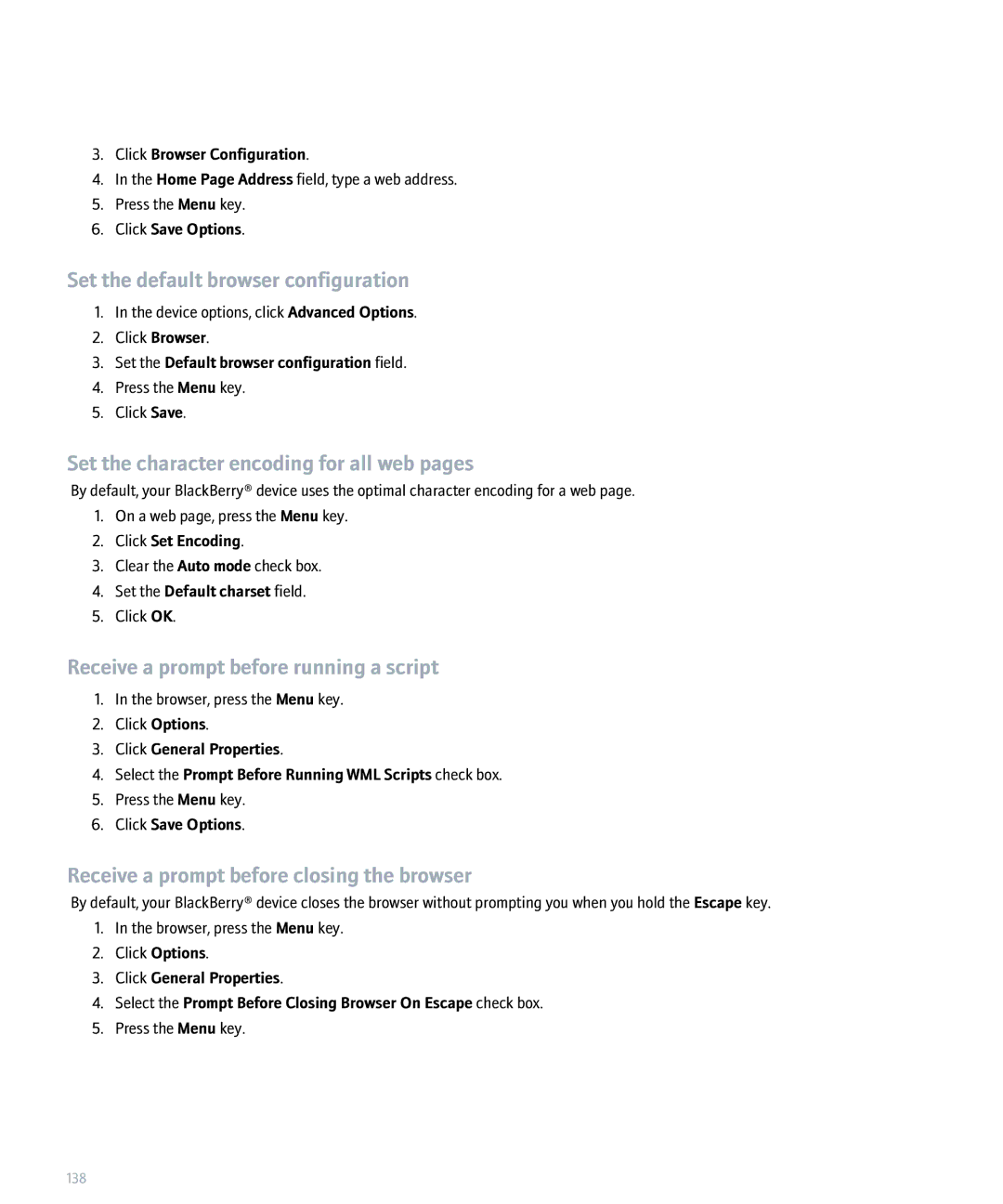 Blackberry 8320 manual Set the default browser configuration, Set the character encoding for all web pages 