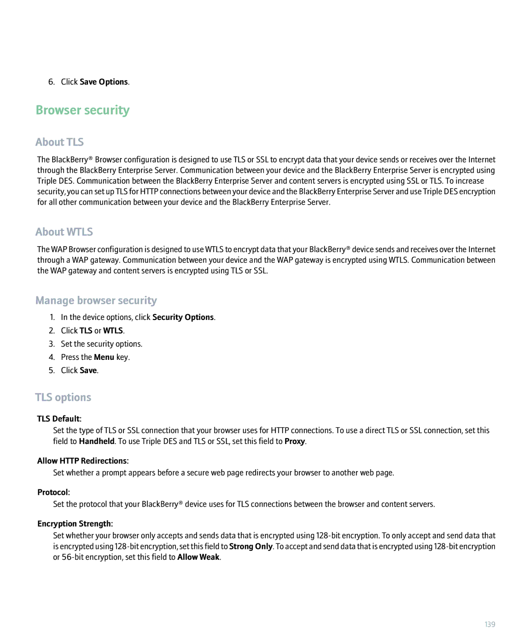 Blackberry 8320 manual Browser security, About TLS, About Wtls, Manage browser security, TLS options 