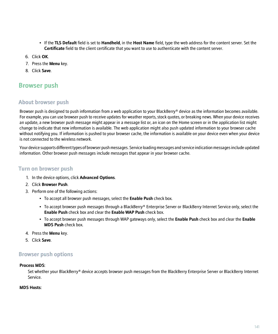Blackberry 8320 manual About browser push, Turn on browser push, Browser push options 