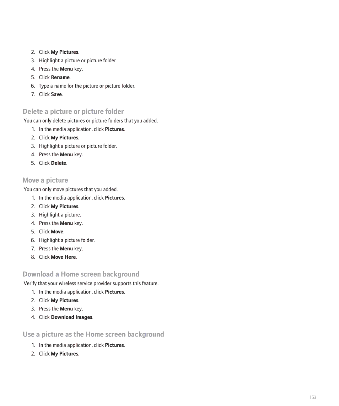 Blackberry 8320 manual Delete a picture or picture folder, Move a picture, Download a Home screen background 