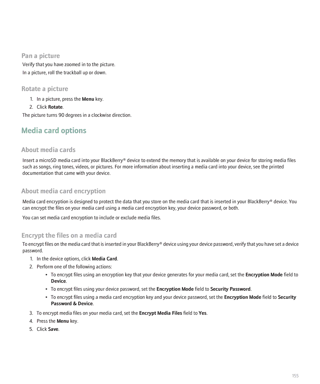 Blackberry 8320 manual Media card options, Pan a picture, About media cards, About media card encryption 