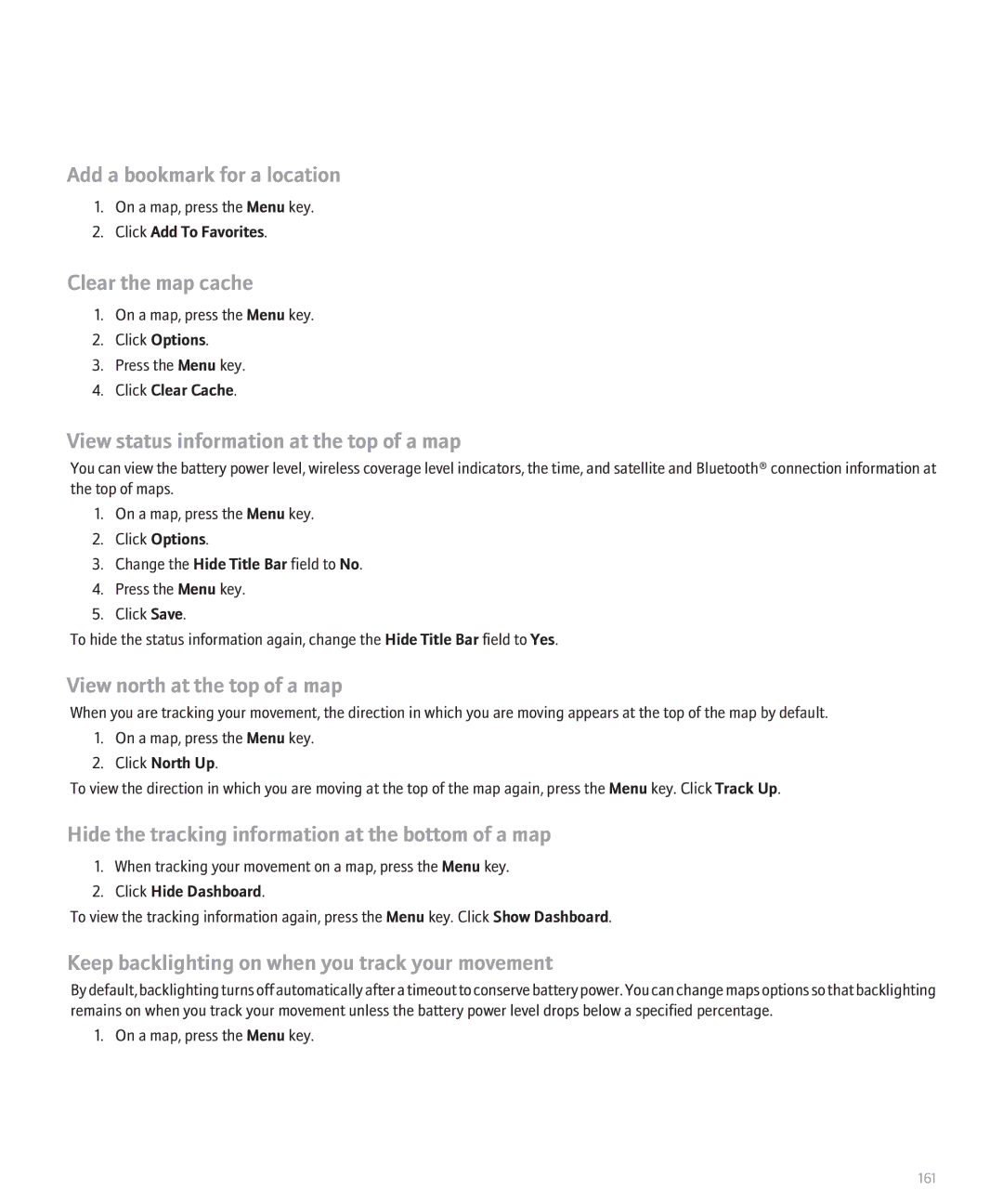 Blackberry 8320 manual Add a bookmark for a location, Clear the map cache, View status information at the top of a map 