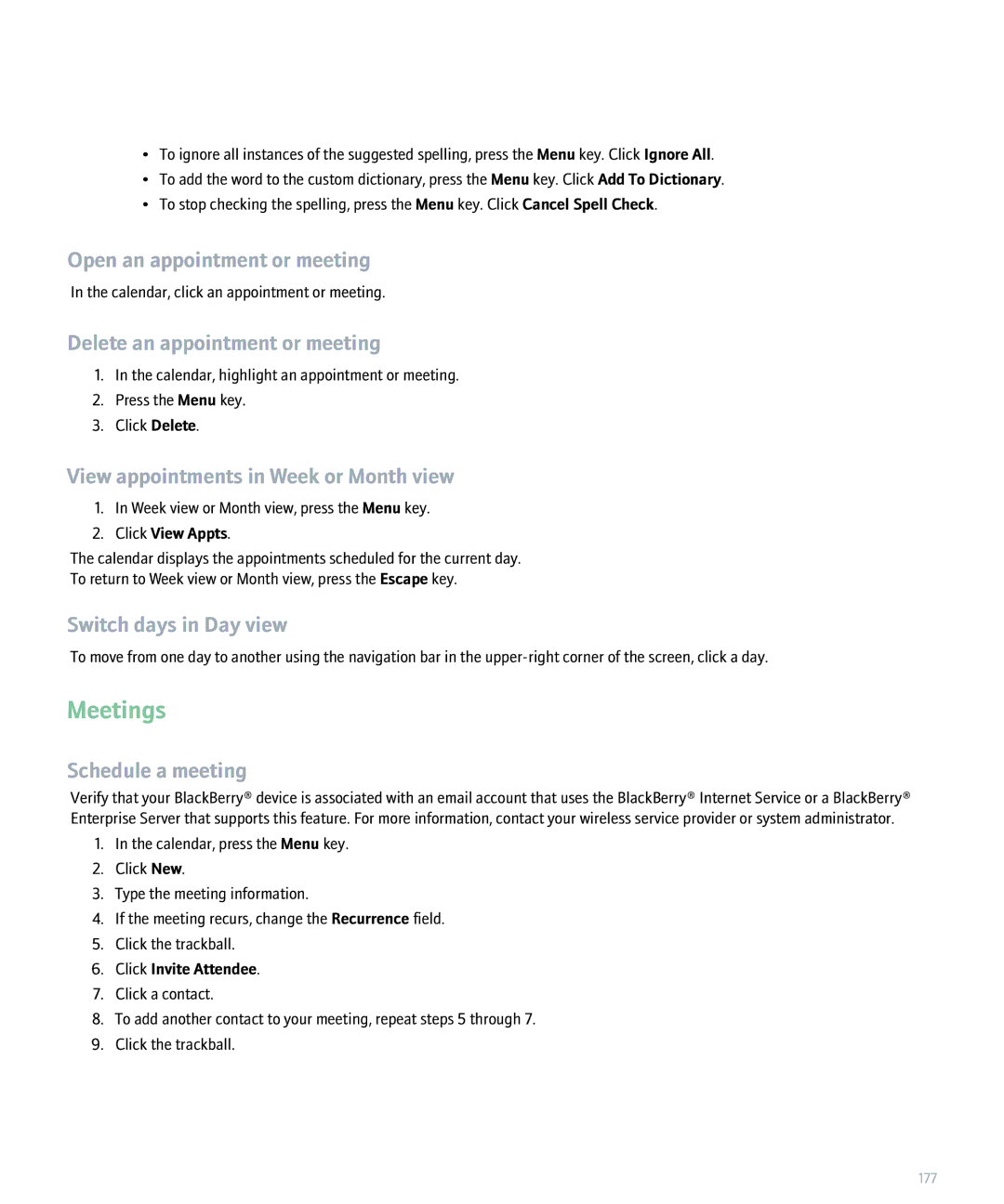 Blackberry 8320 manual Meetings, Open an appointment or meeting, Delete an appointment or meeting, Switch days in Day view 