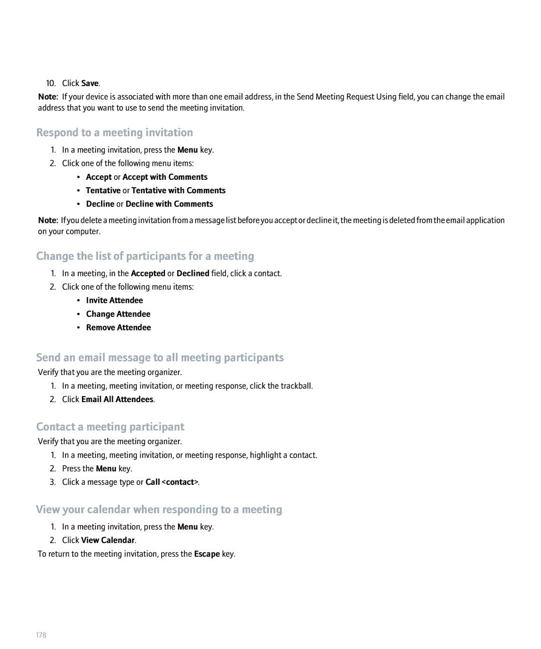 Blackberry 8320 manual Respond to a meeting invitation, Change the list of participants for a meeting 