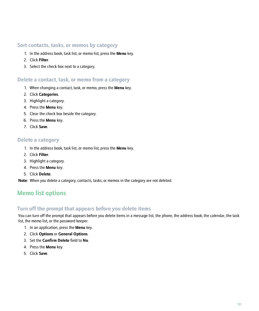 Blackberry 8320 manual Memo list options, Sort contacts, tasks, or memos by category 