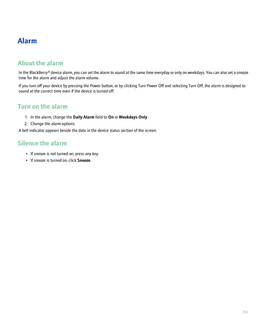 Blackberry 8320 manual Alarm, About the alarm, Turn on the alarm, Silence the alarm 