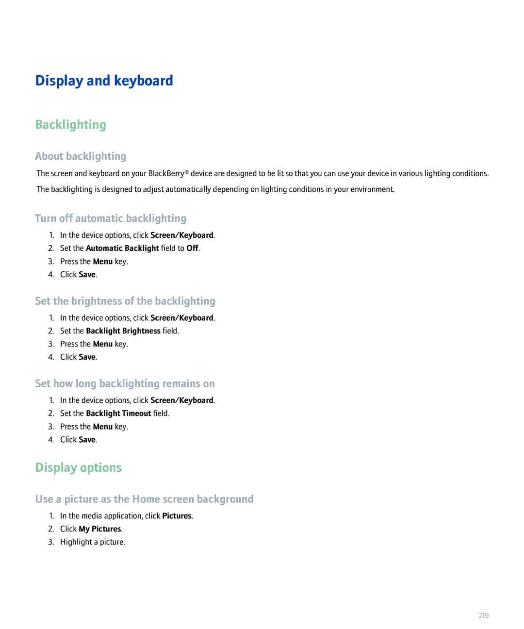 Blackberry 8320 manual Display and keyboard, Backlighting, Display options 