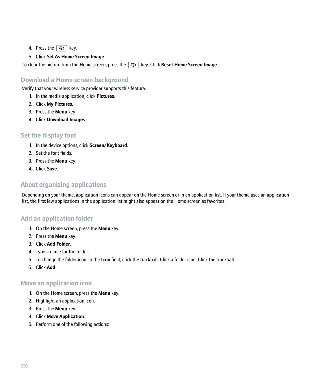 Blackberry 8320 Set the display font, About organizing applications, Add an application folder, Move an application icon 