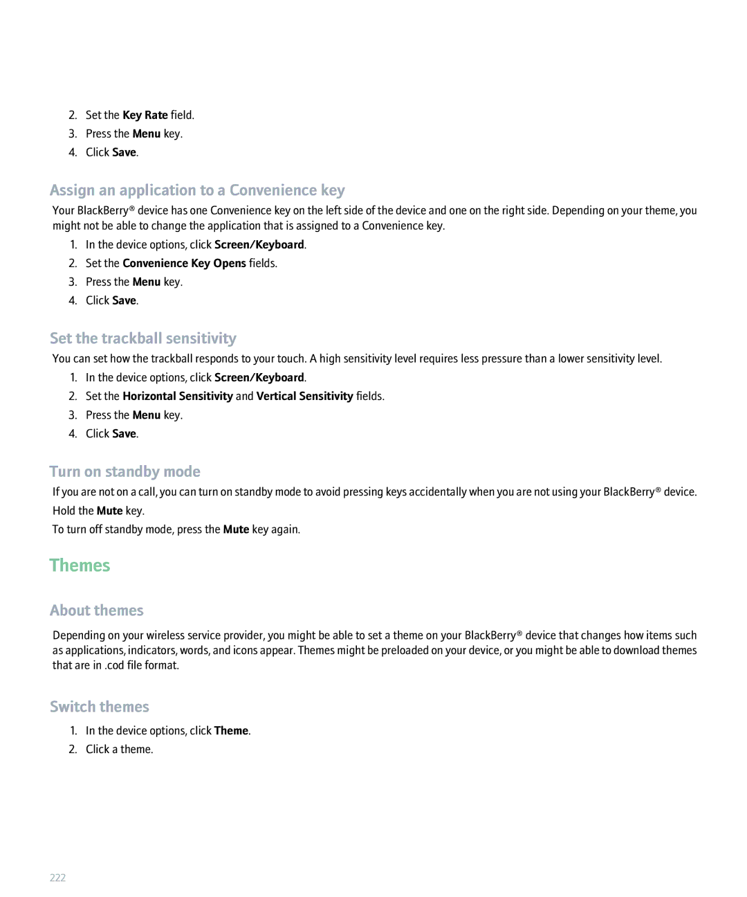 Blackberry 8320 Themes, Assign an application to a Convenience key, Turn on standby mode, About themes, Switch themes 