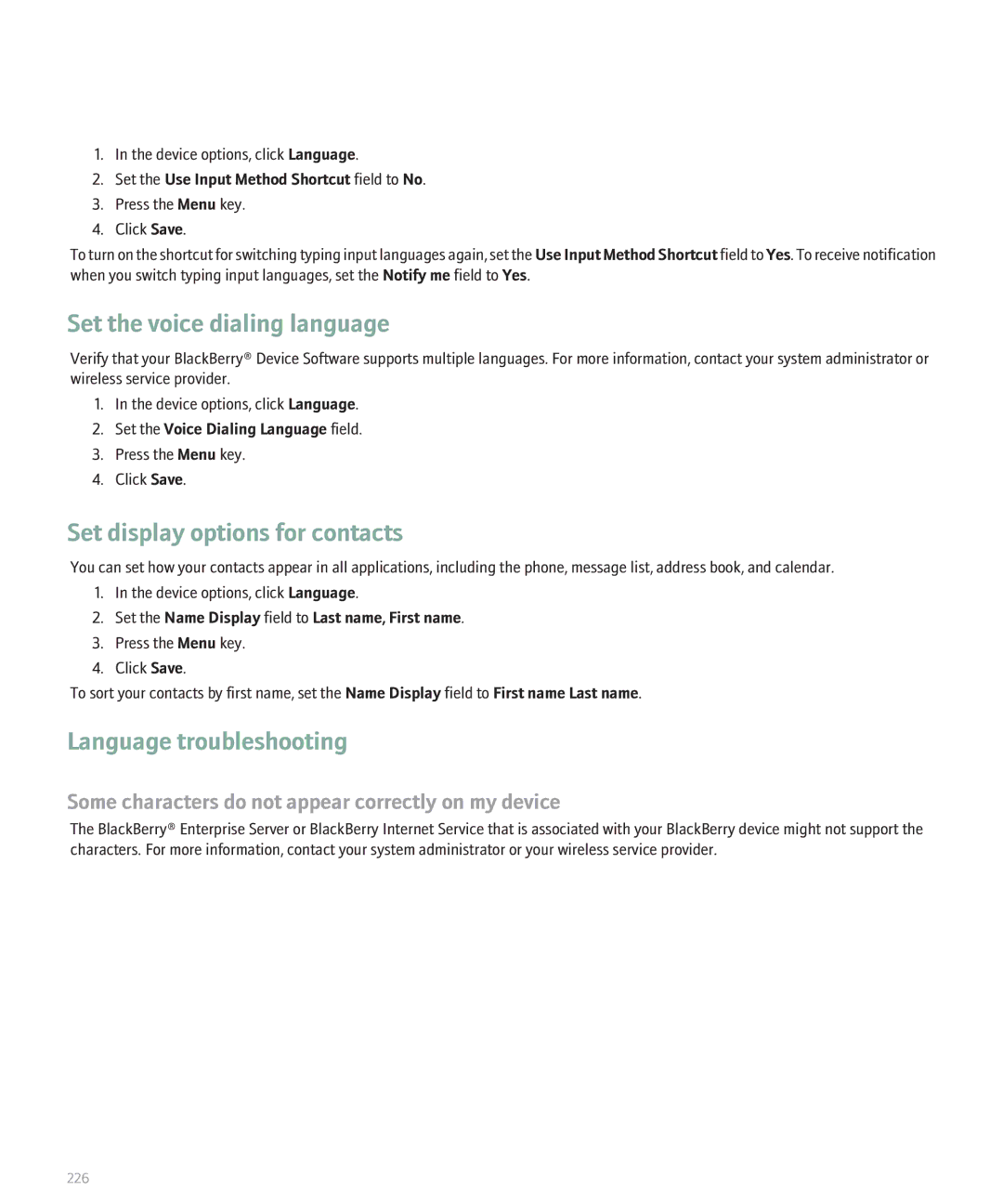 Blackberry 8320 Set display options for contacts, Language troubleshooting, Set the Use Input Method Shortcut field to No 
