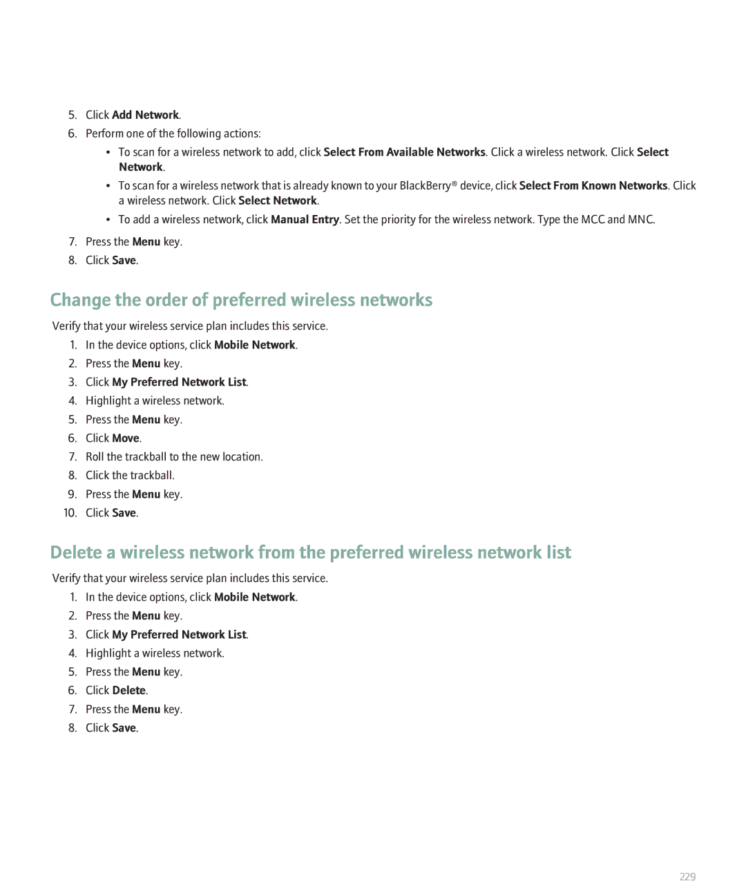 Blackberry 8320 manual Change the order of preferred wireless networks, Click Add Network 