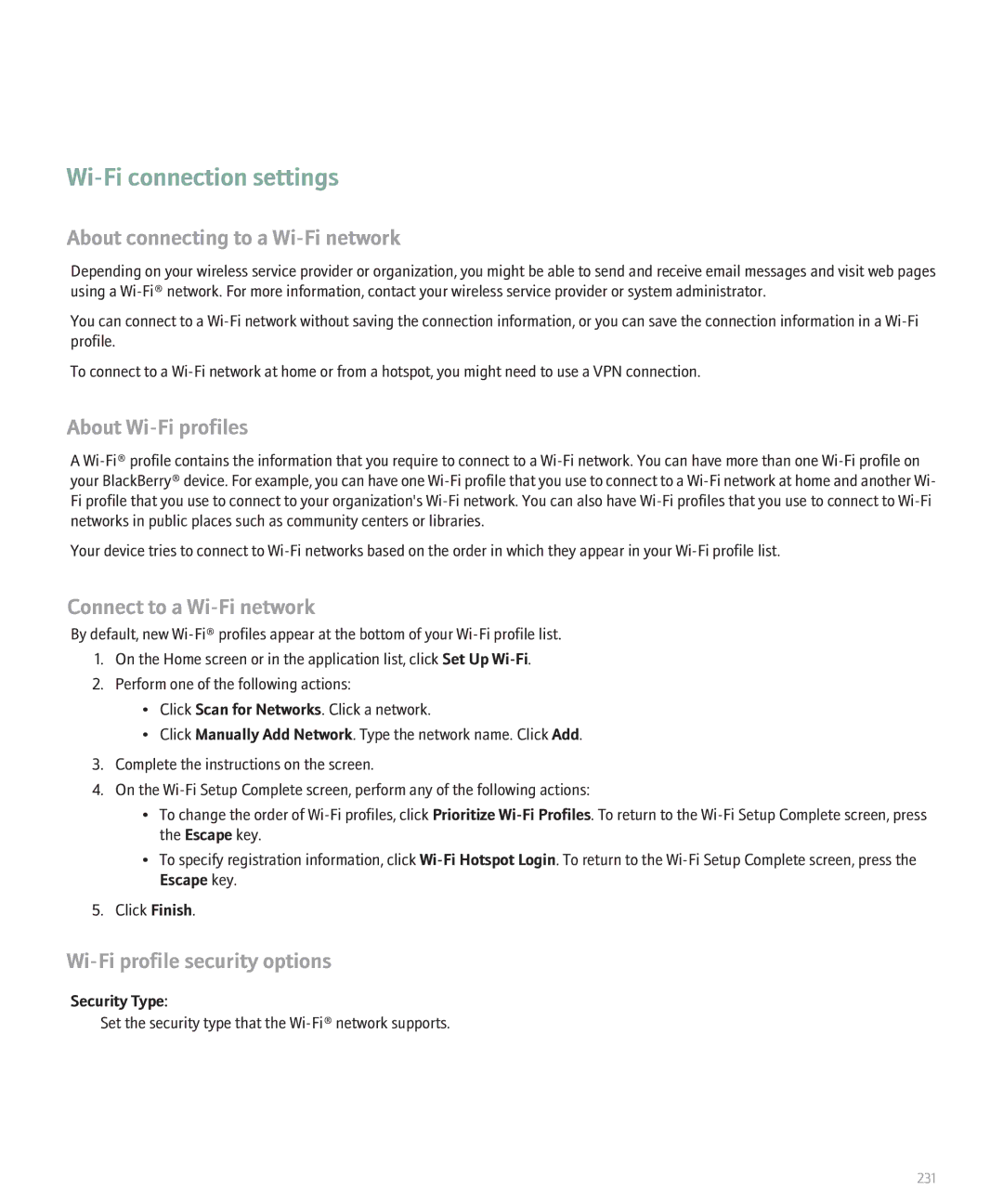 Blackberry 8320 manual Wi-Fi connection settings, About connecting to a Wi-Fi network, About Wi-Fi profiles 