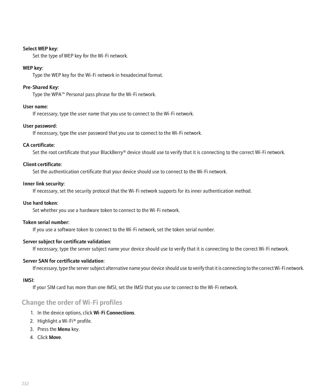 Blackberry 8320 manual Change the order of Wi-Fi profiles 