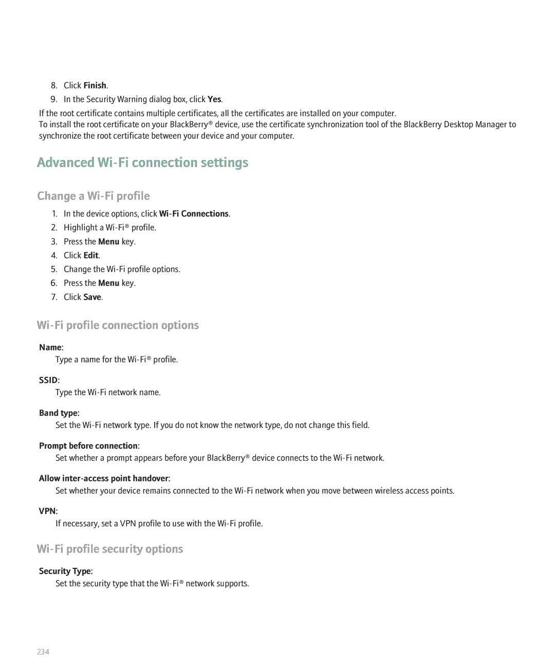 Blackberry 8320 manual Advanced Wi-Fi connection settings, Change a Wi-Fi profile, Wi-Fi profile connection options 