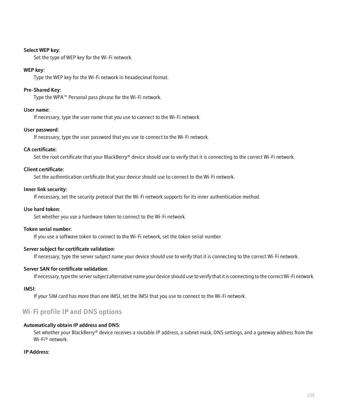 Blackberry 8320 manual Wi-Fi profile IP and DNS options, Automatically obtain IP address and DNS, IP Address 