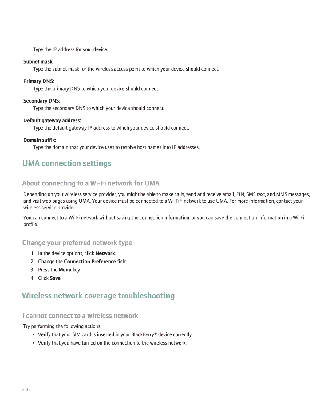 Blackberry 8320 UMA connection settings, Wireless network coverage troubleshooting, Change your preferred network type 