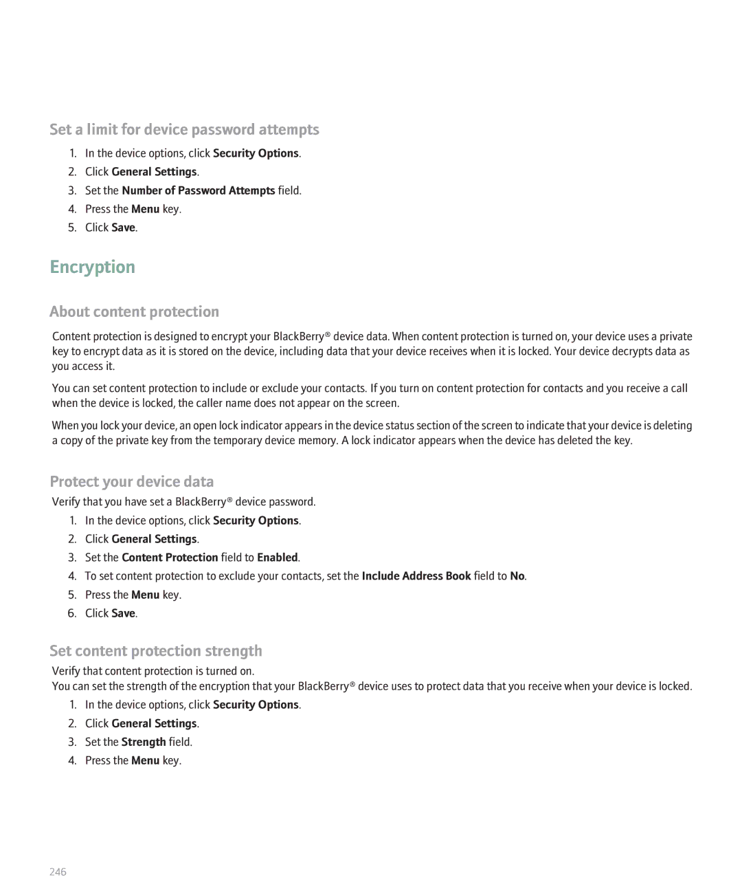 Blackberry 8320 Encryption, Set a limit for device password attempts, About content protection, Protect your device data 