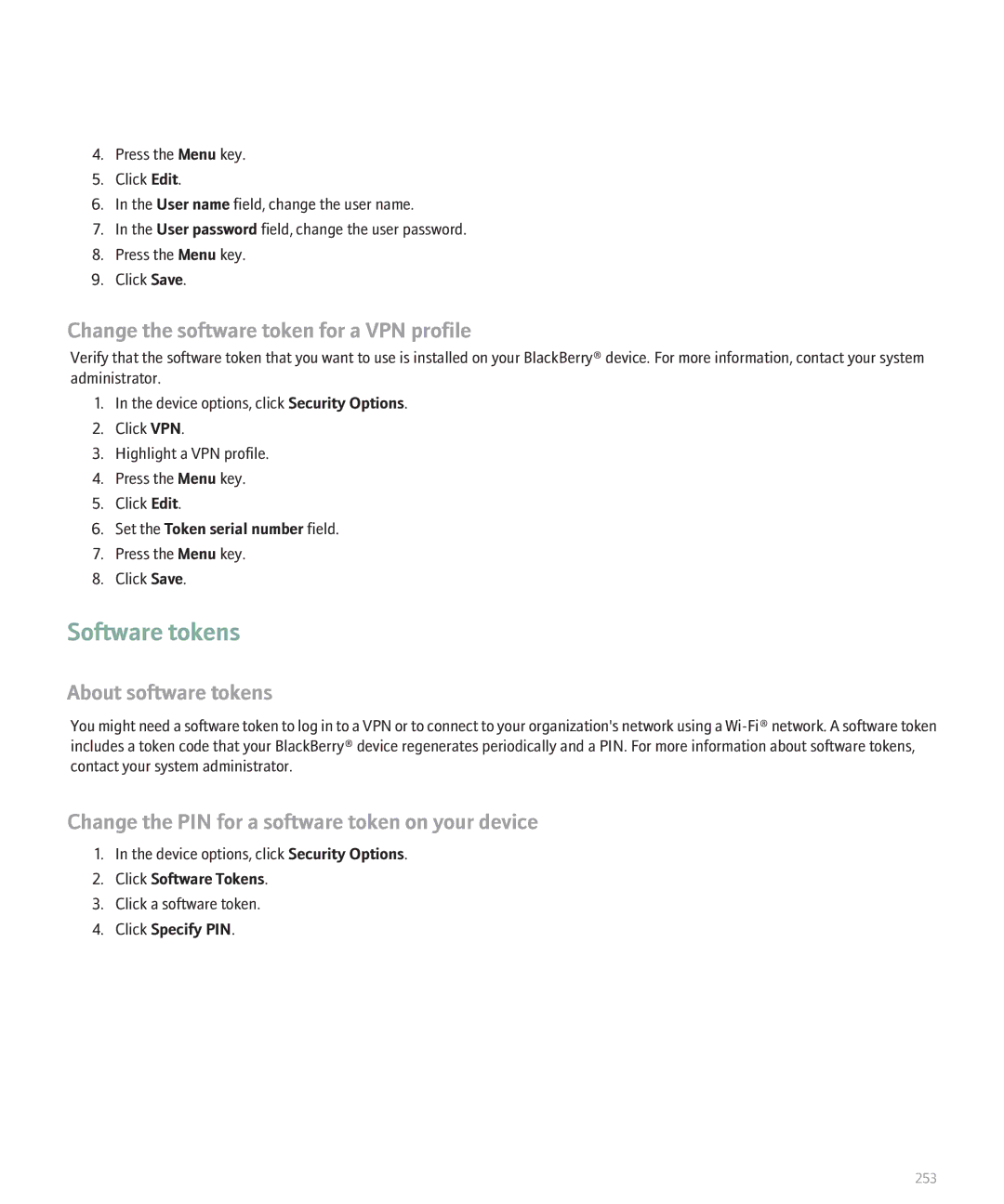 Blackberry 8320 manual Software tokens, Change the software token for a VPN profile, About software tokens 