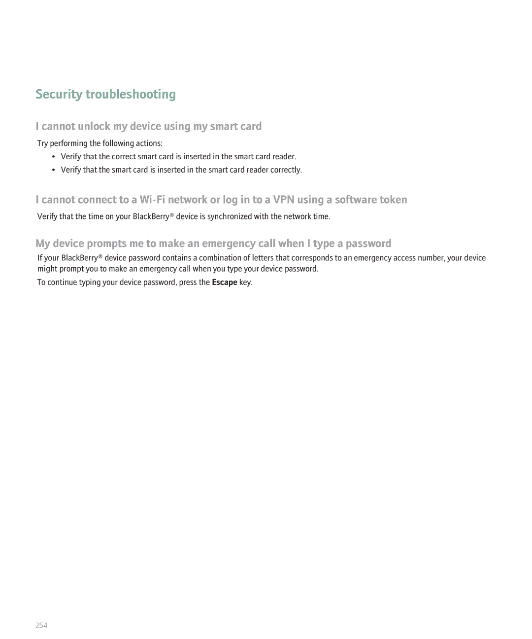 Blackberry 8320 manual Security troubleshooting, Cannot unlock my device using my smart card 