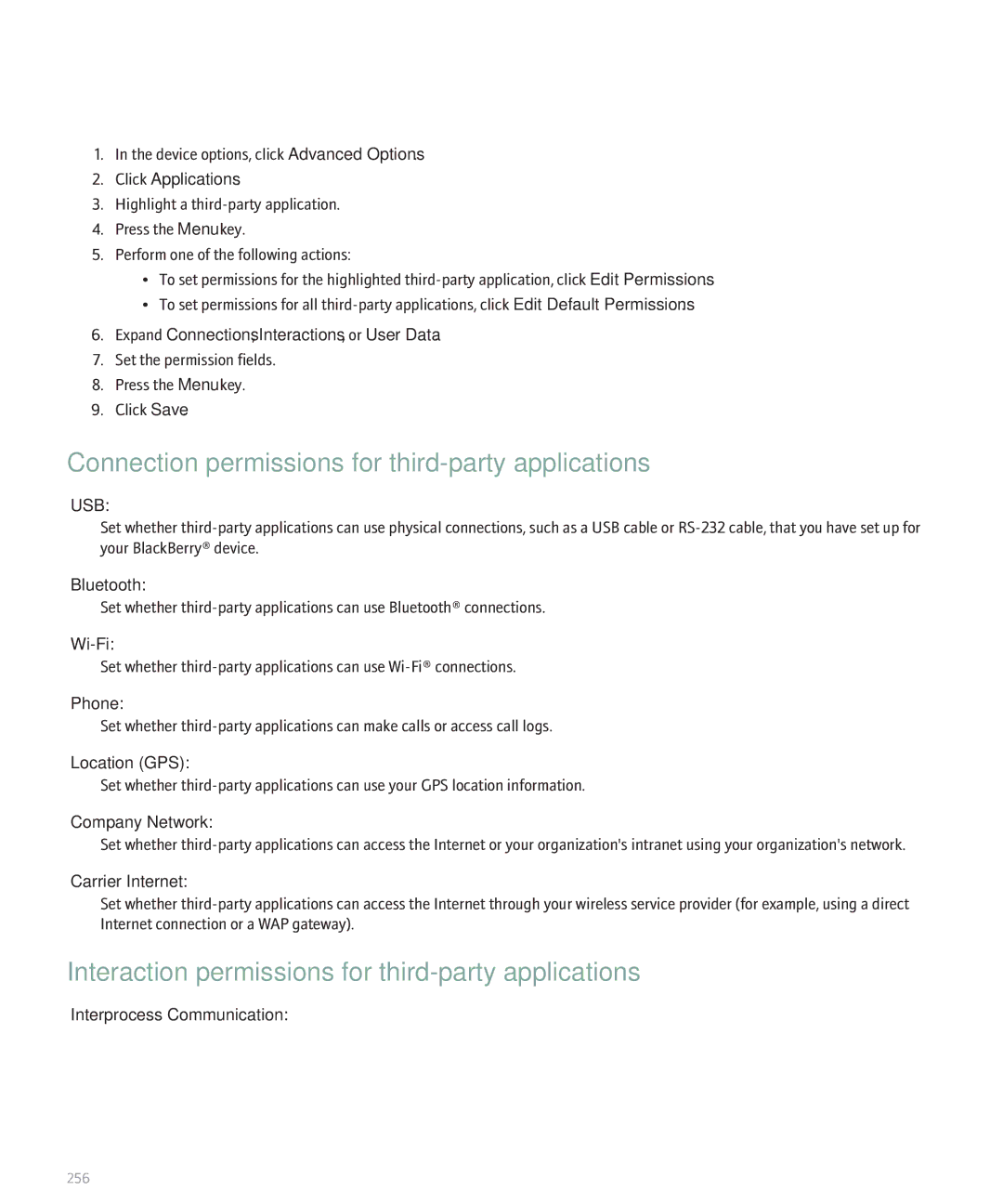 Blackberry 8320 Connection permissions for third-party applications, Interaction permissions for third-party applications 