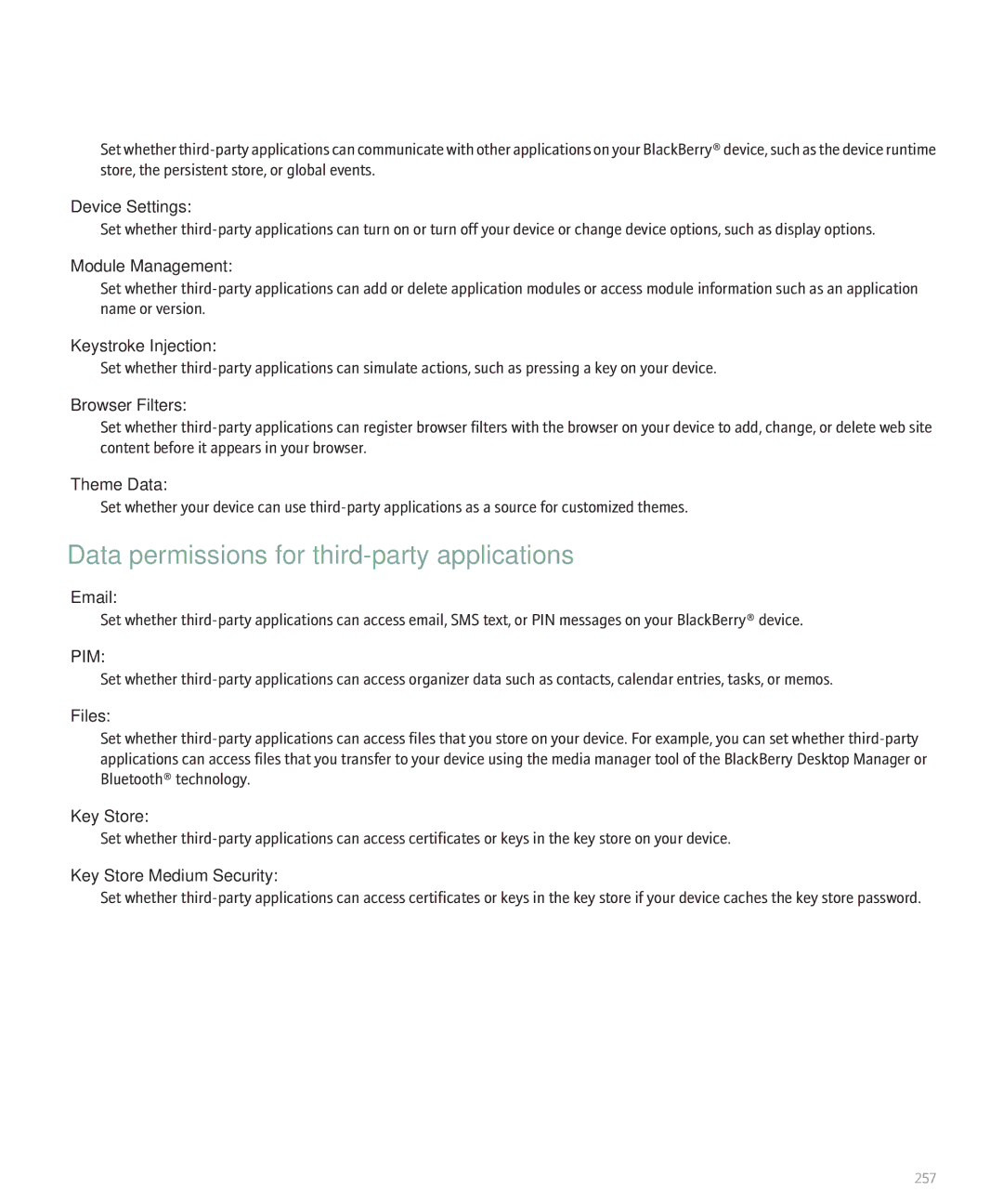 Blackberry 8320 manual Data permissions for third-party applications 
