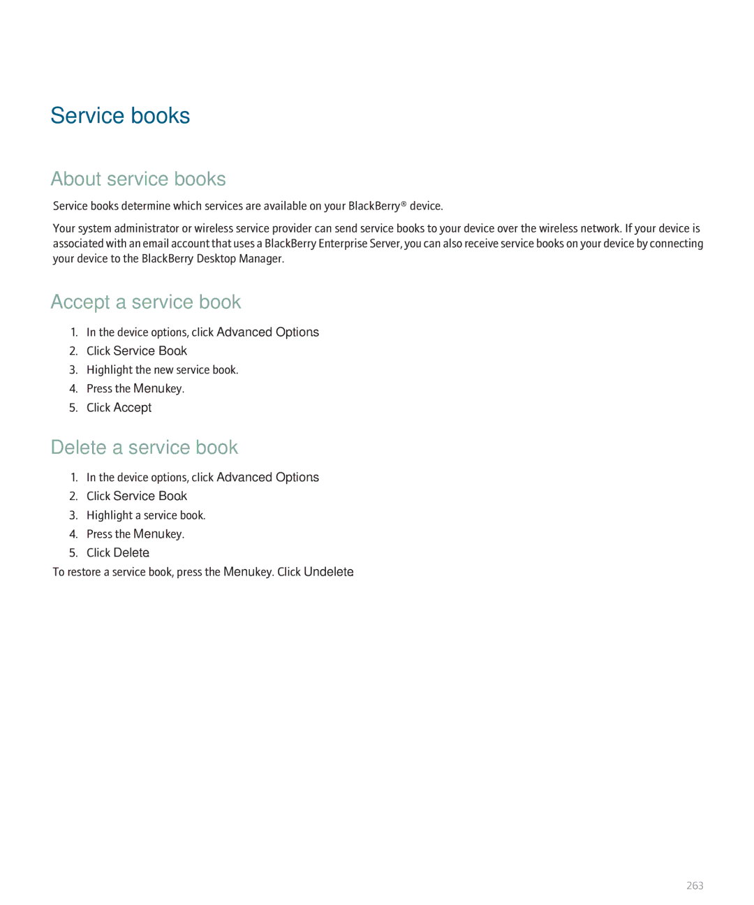 Blackberry 8320 manual Service books, About service books, Accept a service book, Delete a service book, Click Service Book 