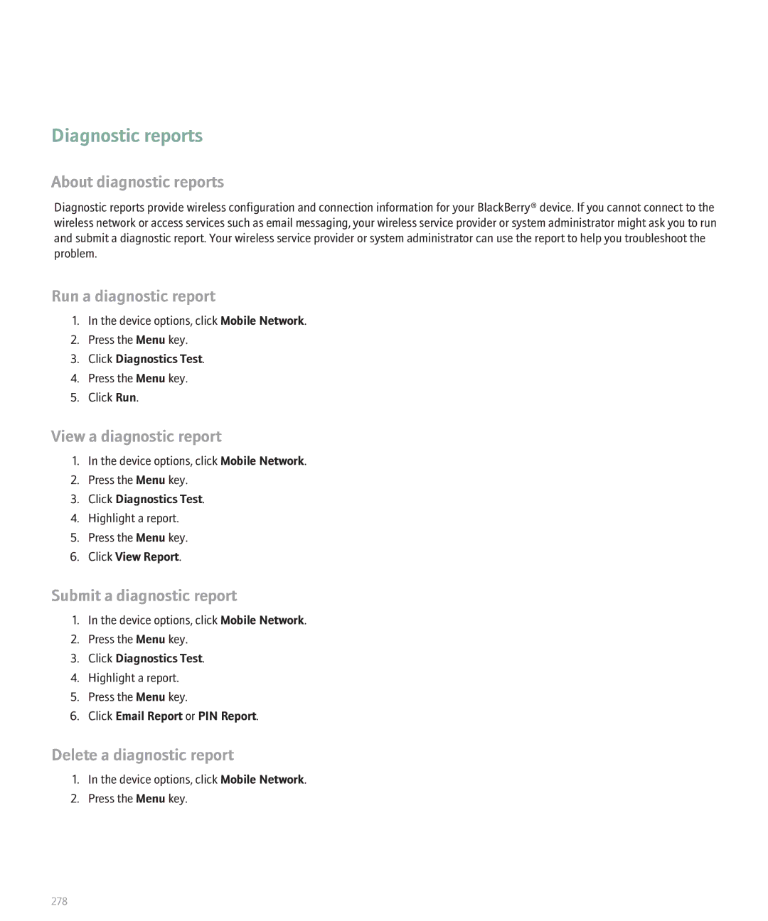 Blackberry 8320 manual Diagnostic reports 