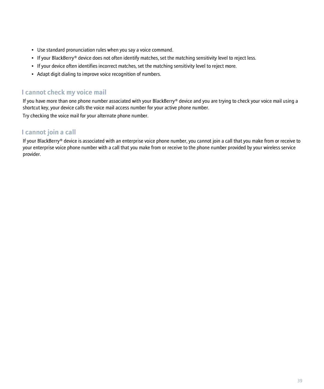 Blackberry 8320 manual Cannot check my voice mail, Cannot join a call 