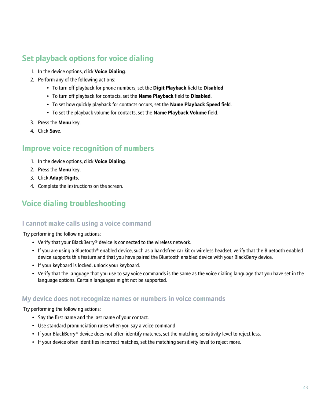 Blackberry 8320 manual Set playback options for voice dialing, Improve voice recognition of numbers 
